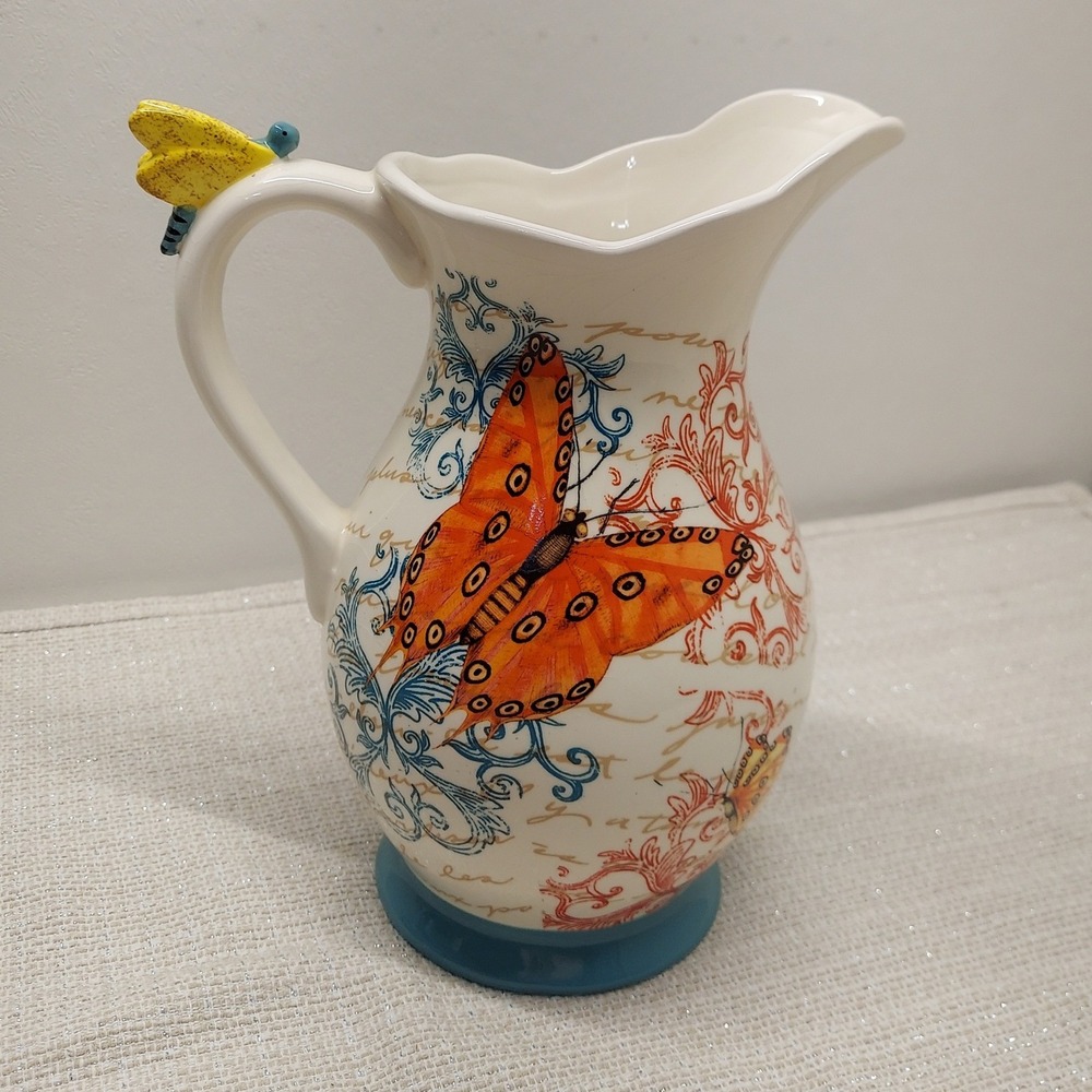 Cracker Barrel Butterfly Ceramic Pitcher French Country Script Decor 10"